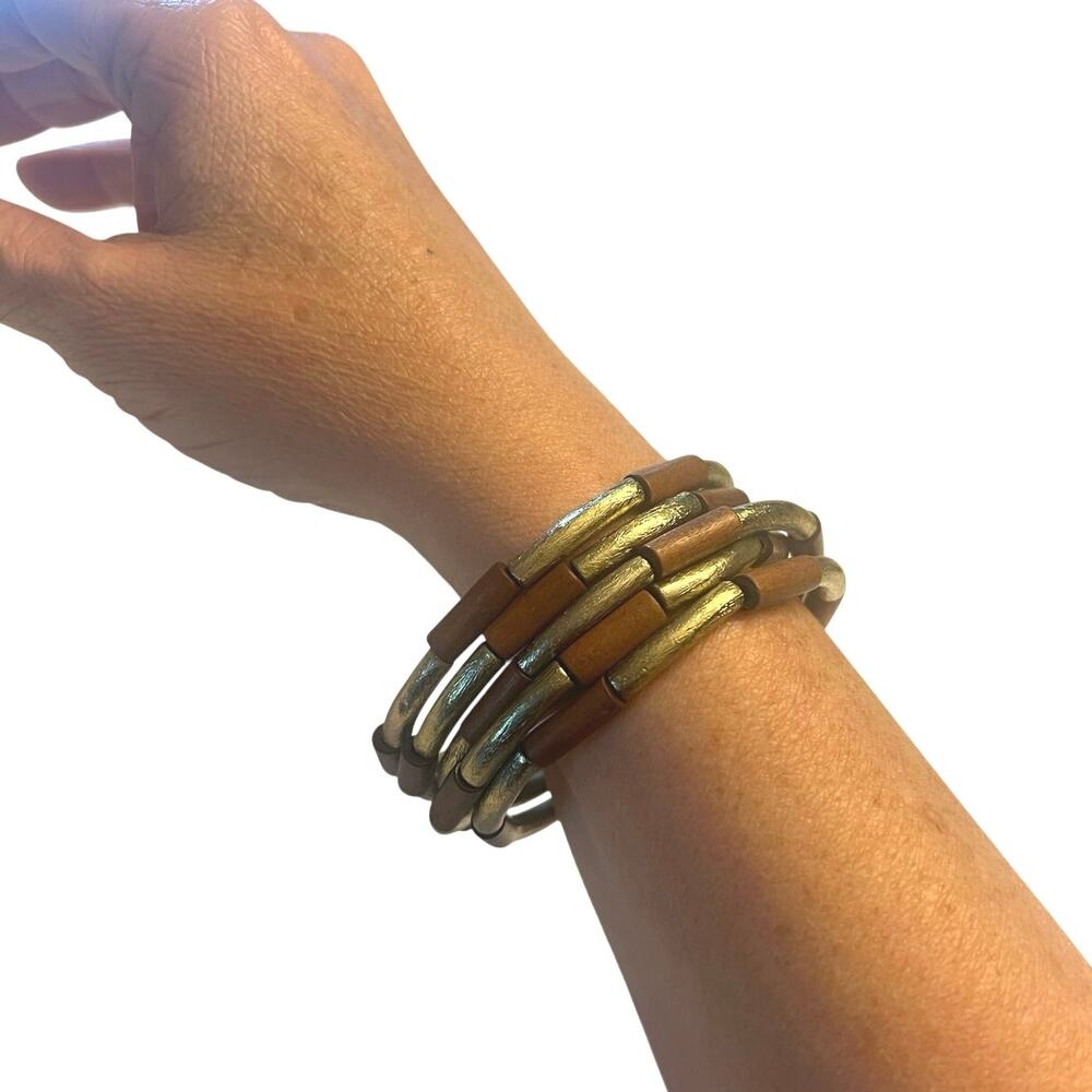 Wood & Gold Painted Multi Strand Stretch Wrap Bracelet Plus Size Boho